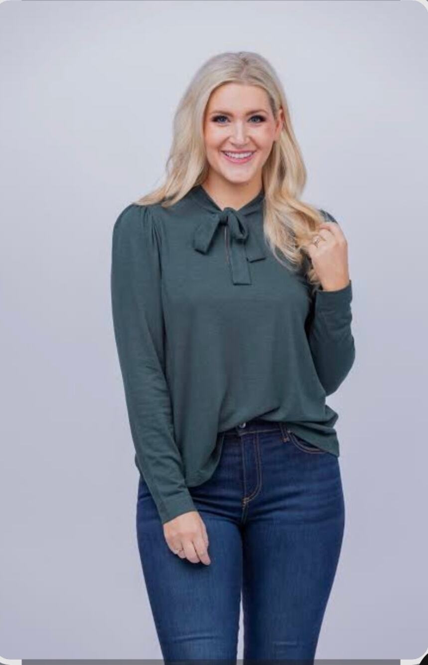 Lilla P Dark Green Bracelet Sleeve Tie Neck Top
